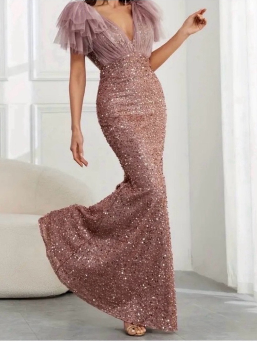 Sequin Tulle V-Neck Evening Gown in Dusty Rose
